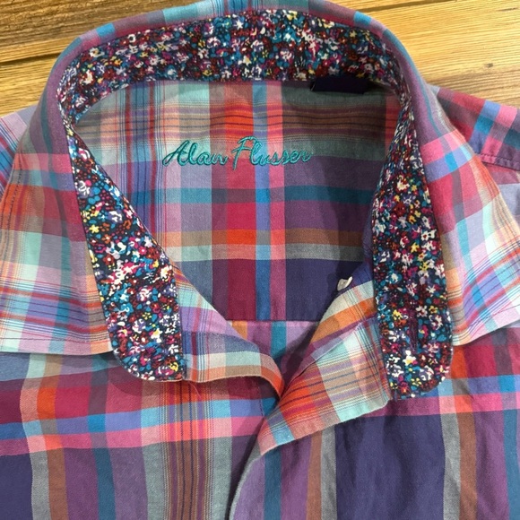 Men's Alan Flusser Plaid Shirt - Red and Blue Floral Size M - Picture 3 of 3